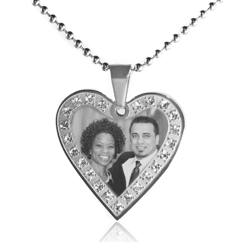 Picture engraved Stainless Steel Gem Paved Heart Frame